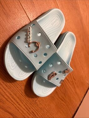 CROCS Light Blue Slide Sandals with Rose Gold Charms